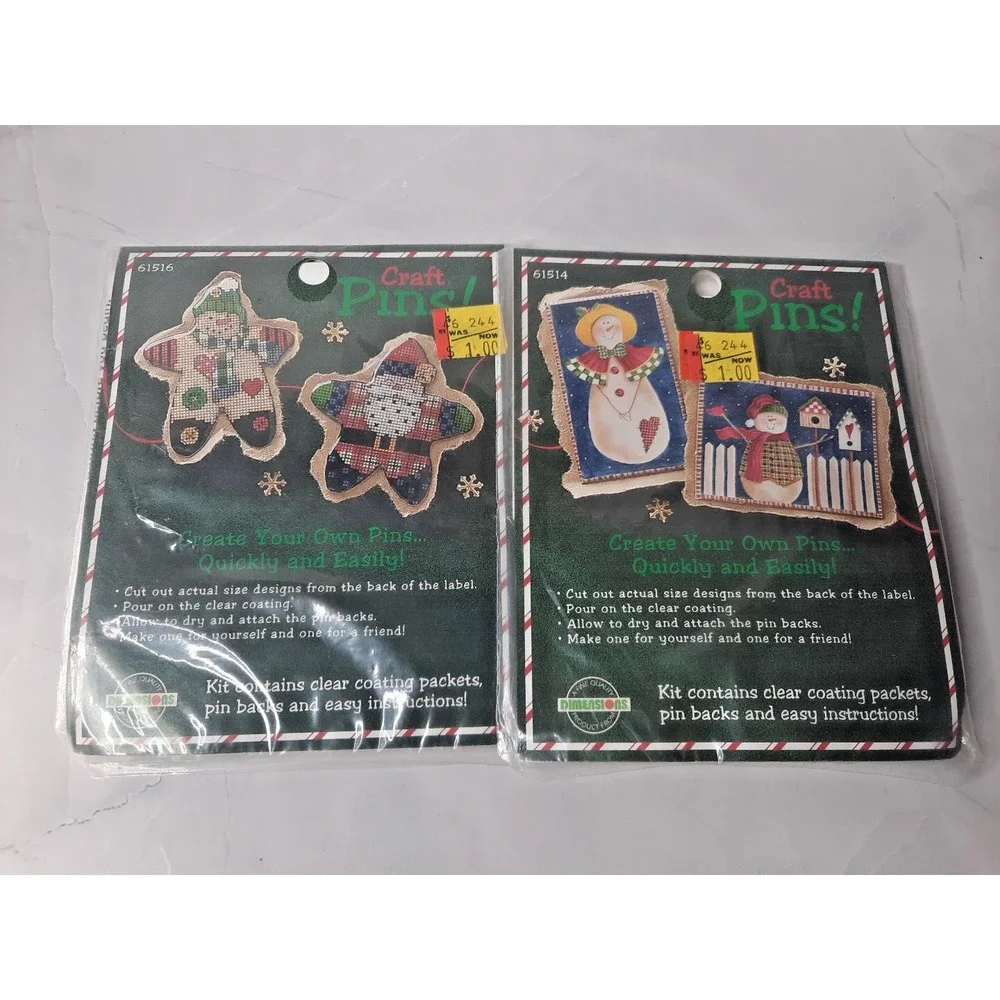 Vintage Dimensions Craft Pins Set of Two Kits Christmas Santa Snowmen